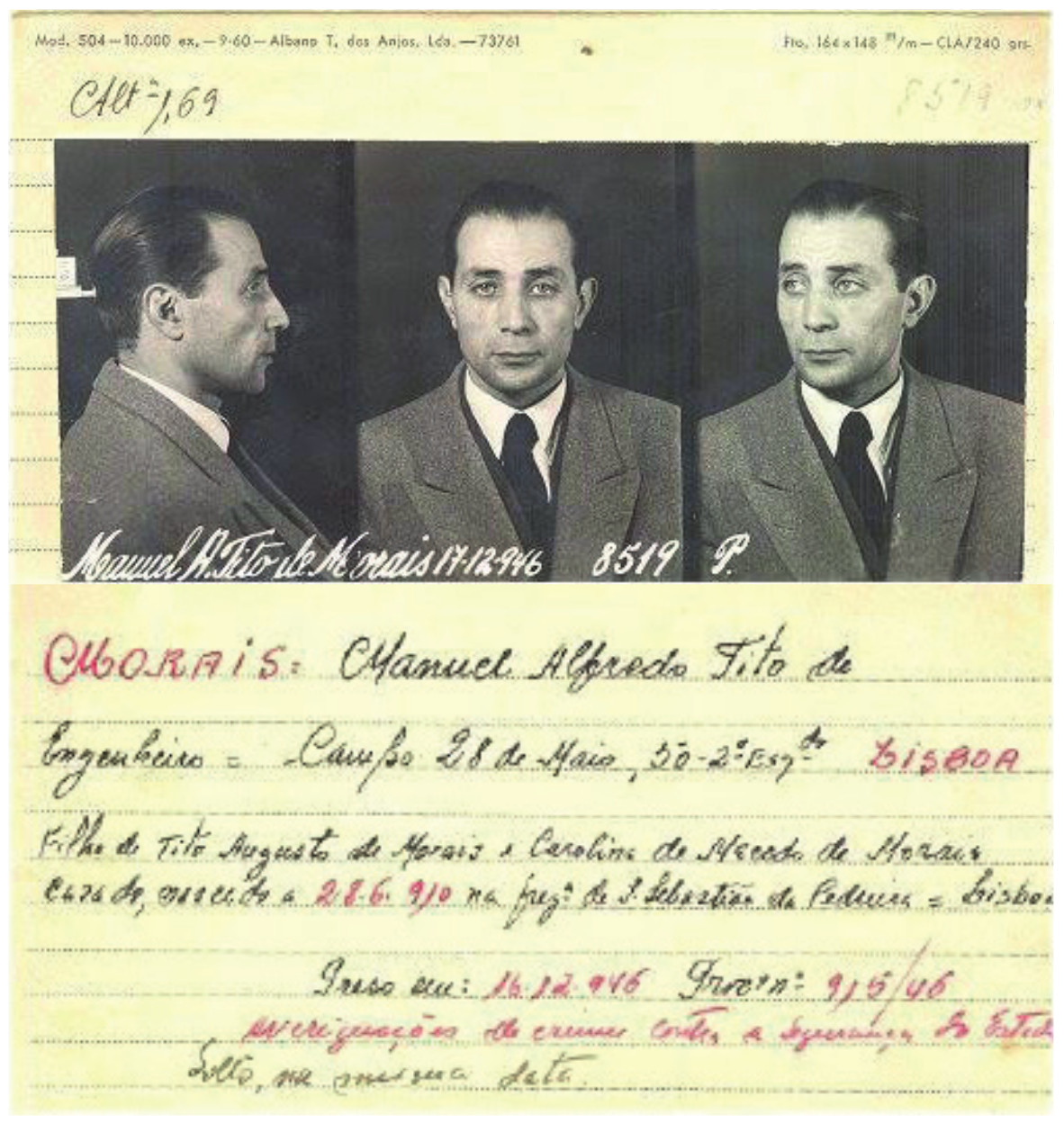 Ficha da PIDE de Manuel Alfredo Tito de Morais,<br />
16 de Dezembro de 1946.